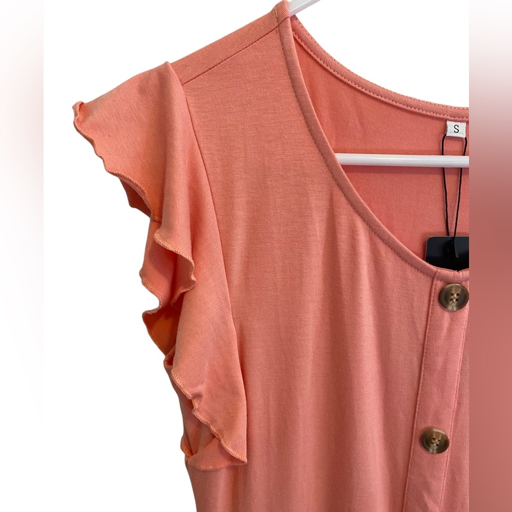 Lamilus Women's Casual Summer Ruffle Sleeve V-Neck Button Down A-Line Dress - Picture 5 of 10